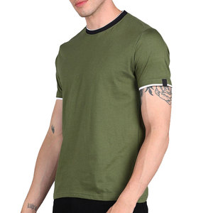 Camiseta de Manga Corta para Hombre, Color Verde Oliva, Cuello Redondo, Corte Ajustado, Ribete en Contraste, Estilo Casual, 100% Algodón Jersey, Color Sólido - Product Image 2