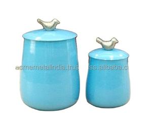 Set of 2 Blue Enameled <b>Storage</b> Containers With Designer Knob Ideal for Home and Kitchen Metal <b>Tabletop</b> Canisters Latest Prices - Product Image 5