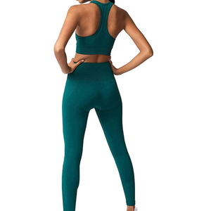Ensemble de yoga pour femmes, vert uni, haut court dos nageur, leggings mi-taille longueur intégrale, sans couture, séchage rapide, respirant, ensemble 2 pièces - Product Image 4