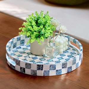 ถาดเสิร์ฟทรงกลมลายตารางฝังมุกแท้ งานฝีมือสุดหรู สำหรับตกแต่งบ้าน วางของ หรือใช้กับกาแฟ - Product Image 2