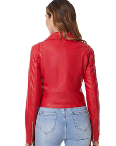 Chaqueta de Motociclista de Cuero Sintético Rojo para Mujer, Manga Larga, Cierre de Cremallera, Cuello Camisero, Estilo Otoñal - Product Image 3