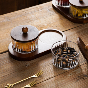 Modern Walnut Wood Serving Tray Square Glass Nut Bowl with Lid <b>Snack</b> Dried Fruit Wood Plate - Product Image 5