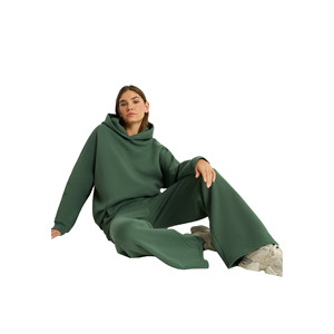 Sweat-shirt à capuche oversize pour femme, vert uni, à épaules tombantes, en molleton, avec poches, services OEM - Product Image 2