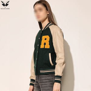 New Arrival Comfortable Women Varsity <b>Jacket</b> Green Beige Full Sleeve Turn Down Collar Button Closure Letter R Embroidery Design - Product Image 2