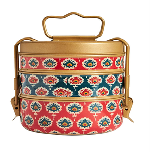 Vintage floral brass tiffin <b>box</b>, 3 tier green cream lunch <b>box</b>, traditional conical flower food carrier, at wholesale prices. - Product Image 6