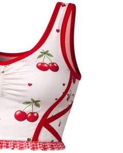 Ensemble jupe deux pièces pour femme, imprimé cerises blanches et rouges, comprenant un crop top sans manches et une mini-jupe taille haute, extensible, tenue d'été - Product Image 4