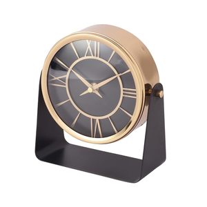 Horloge de bureau circulaire moderne, finition dorée, cadran noir, chiffres romains, mouvement à quartz, fonctionnement sur piles, métal, Luminova, fonction snooze - Product Image 4