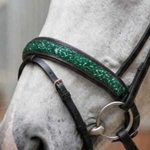Bridon de dressage en cuir anatomique, sangle de nez rembourrée en forme de V, serre-tête vert pailleté, quincaillerie en acier inoxydable de haute qualité - Product Image 2