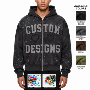 Vintage Wash Rhinestone Zip Hoodie 100% French Cotton Heavyweight Distressed Oversized Anti-Pilling Autumn/Winter Men's - Product Image 5