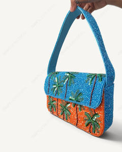 Bolso de Hombro Artesanal con Cuentas de Palmera, Diseño Tropical de Atardecer en la Playa, Azul y Naranja, Bolso de Mano para Resort, Venta al por Mayor, OEM, Marca Privada - Product Image 5