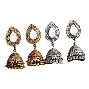 Rchie Bollywood Bohemian Pearl Silver Alloy Chandelier <b>Earrings</b> with Afghan <b>Tassel</b> Bell and Flower Jhumka Design - Product Image 3
