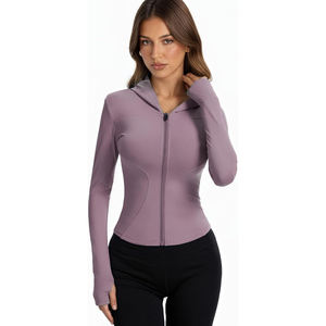 Women's Ribbed Hooded <b>Yoga</b> <b>Jacket</b> Full Sleeve Zipper Front Solid Color Stretchy Nylon Athletic Wear Quick Dry Seamless Design - Product Image 5