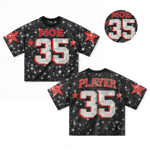 เสื้อเจอร์ซีย์อเมริกันฟุตบอลพิมพ์ลายดาวประดับคริสตัลหรูหรา สีดำ ผ้าตาข่าย ทรงโอเวอร์ไซส์ สไตล์ฮิปฮอป Y2K เสื้อสตรีทแวร์ แฟชั่น ODM สำหรับผู้หญิง - Product Image 1