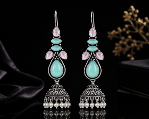 Bohemian Drop <b>Earrings</b> With Monalisa And Pink Stones In Antique <b>Silver</b> Plated Brass For Women Party Jewelry - Product Image 2