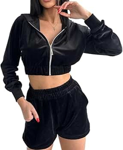 Women Solid Polyester Velour 2-Piece Tracksuit Set <b>Zip</b>-<b>Up</b> <b>Crop</b> Top and Shorts Full-<b>Zip</b> Autumn Casual Wear - Product Image 4