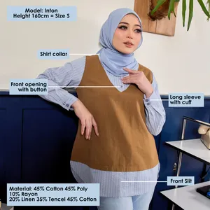 Chemisier à rayures bleues caramel, col boutonné, haut modeste, vente directe fabricant, pour tenue de travail formelle, vendeur Malaisie - Product Image 5