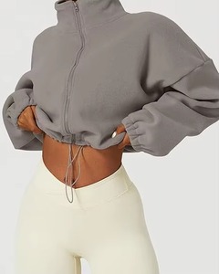 Sweat-shirt oversize en polaire pour femme, couleur unie, épaules tombantes, manches longues, col montant, coupe courte, style automne - Product Image 6