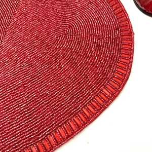 Handmade Red Heart Shaped Beaded Fabric Placemat Romantic <b>Table</b> Mat Set - Product Image 3