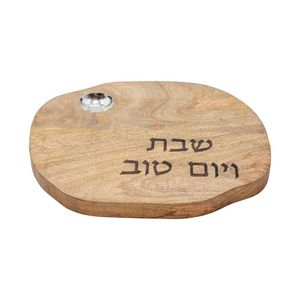 Tabla Ovalada Natural para Challah, con Salero Metálico, Bandeja para Servir Pan de Shabat, Regalo Decorativo Judaico - Product Image 1