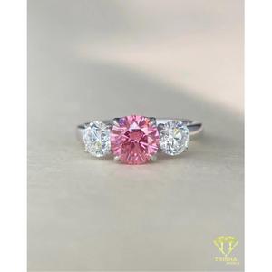 Pink Moissanite Three Stone <b>Ring</b> With Round Center Stone Sterling <b>Silver</b> Engagement Wedding Jewelry Elegant Gift For Women Style - Product Image 1