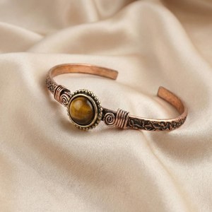 <b>Copper</b> Tiger Eye <b>Bracelet</b> Handcrafted Cuff Bohemian Gemstone Jewelry Unisex Antique Style Artisan Gift - Product Image 1