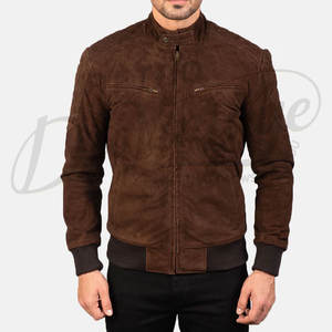 Chaqueta Bomber de Cuero de Gamuza Marrón Premium para Hombre - Chaqueta de Motero de Piel de Cabra Genuina de Corte Ajustado con Ribete Acanalado y Bolsillos con Cremallera - Product Image 6