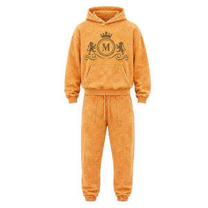 Conjunto Deportivo para Hombre, Color Naranja, Lavado Ácido, 100% Algodón, 480 gsm, Alta Calidad, con Pedrería, Pantalones Largos con Cordón Ajustable, Ropa Casual - Product Image 2