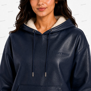 <b>Women's</b> <b>Navy</b> Blue Fleece Lined <b>Hoodie</b> Pullover Windproof Regular Fit Solid Color Full Sleeve Sweatshirt - Product Image 6