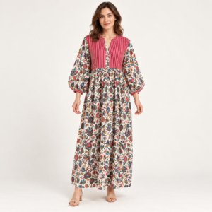Vestido Maxi Bohemio para Mujer con Bloques de Color, Cuello en V, Manga Linterna, Cintura Imperio, Estampado Floral, Casual de Verano, Corte A - Product Image 1