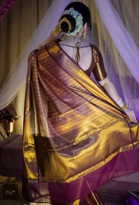 Indian Striped Woven Silk <b>Blend</b> Banarasi Bollywood Style Saree - Product Image 2