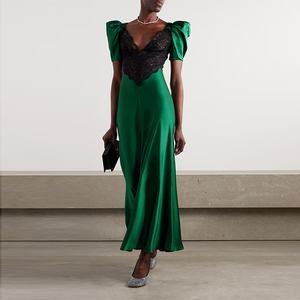 Robes de Soirée Décontractées Élégantes pour Femmes, Fabrication Personnalisée, Vert, Col en V, Manches Courtes, Dentelle Tissée, Satin, Longueur Midi, Taille Naturelle - Product Image 2