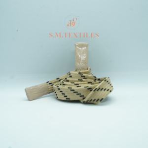 Flat Polyester Draw <b>Cord</b> with Black Stripe Pattern and Flat Silicon Tipping Custom Woven Drawstring for Garments - Product Image 1