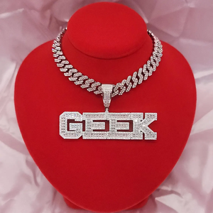 Collar con Colgante de Letra GEEK, Chapado en Plata, Aleación de Zinc, Cadena Figaro, Circonita Cúbica, Joyería Hip Hop para Hombre - Product Image 1