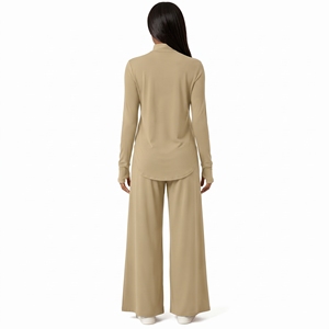 Ensemble pantalon large et tunique à manches longues en spandex uni pour femme, tenue décontractée deux pièces assortie, personnalisable avec marque privée - Product Image 2