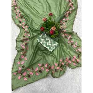 NUEVA LLEGADA CRUSH GEORGETTE BORDADOR DE HILO TRABAJO SAREE CON BLUSA UNSTITCH LORO VERDE - Product Image 1