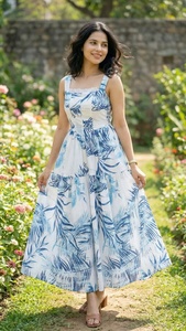 Nouvelle Robe Midi Élégante pour Femme, Tendance Estivale, Imprimé Feuilles de Palmier Bleu et Blanc, Sans Manches, Col Carré, Coupe Étages, Robe Longue Trapèze - Product Image 2