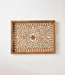 Plateaux de service décoratifs élégants et luxueux en bois et nacre, avec corde tressée, design floral fait main, pour fêtes, chocolats, FWE - Product Image 1