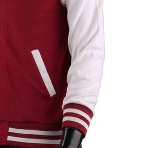 Custom Maroon White Snap Button Varsity Jacket Striped Rib Knit Collar Cuffs Hem Classic Letterman <b>Coat</b> Wholesale Apparel USA - Product Image 5