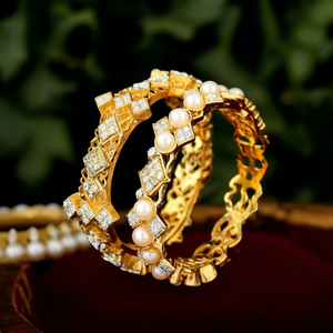 18K Gold Plated <b>Copper</b> & Brass Geometric <b>Bangle</b> with Zircon Pearl Diamond - Product Image 3