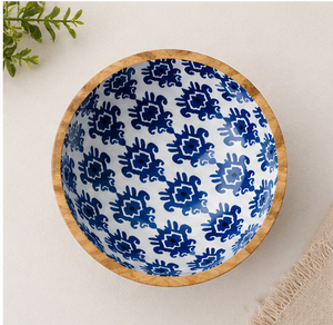 Bol de service en bois contemporain imprimé, fait main, avec motif floral bleu, pour salade, masala, usage en restaurant - Product Image 4