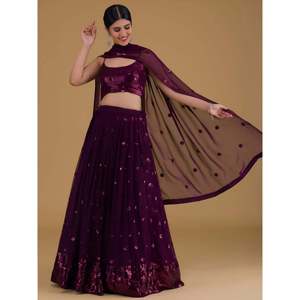 Purple <b>Sequins</b> Georgette Sangeet Lehenga Choli with Crystal Beading & Appliques - Product Image 6