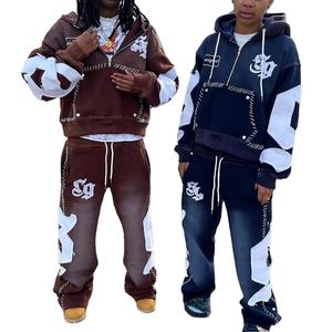 Sudadera con capucha gruesa recortada personalizada OEM para hombre, conjunto de sudaderas con capucha de lavado ácido de gran tamaño con bordado desteñido gráfico de alta calidad para hombre - Product Image 1