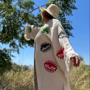 Nuevo Diseño, Vestido Largo de la Mejor Calidad, Conjunto Kimono Ojo de Diablo, 100% Algodón Crepé, Cintura Natural, Sostenible y Lavable, para Playa - Product Image 1