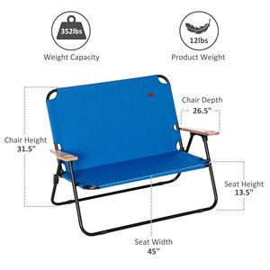 Sedia da campeggio pieghevole per 2 persone con braccioli in legno e portabicchieri, portatile, blu - Product Image 3
