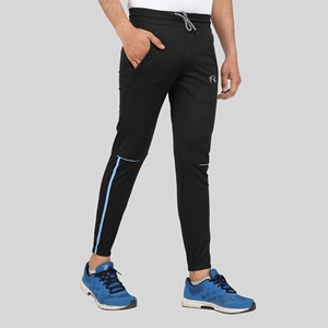 Pantalon de survêtement sport bleu quatre directions avec bande latérale, logo personnalisable, impression HD, délavage coloré, 100 % polyester, séchage rapide, tailles homme M/L/XL - Product Image 3