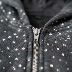 <b>Mens</b> Winter Oversized Plaid Pattern Rhinestone Zip-Up Fleece <b>Hoodie</b> with Breathable <b>Black</b> Crystal Studded & Kangaroo Pockets - Product Image 4