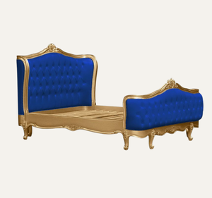 Lit en bois massif capitonné bleu classique européen de luxe avec tête de lit capitonnée en bois d'acajou, meubles de chambre à coucher - Product Image 2