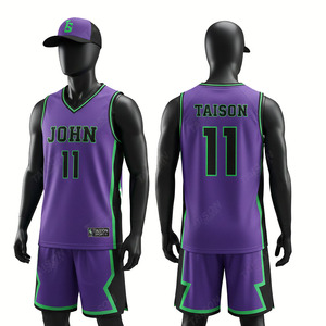 Tenue de Basketball Homme 180 GSM en Maille Polyester Respirante Violet Noir Vert avec Panneaux Latéraux Sublimés et Logo Personnalisé – Ensemble d'Équipe - Product Image 1