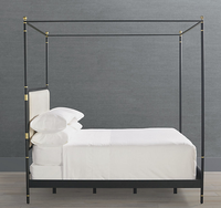 Lit à baldaquin grand format Auberge Du Soleil en bois de mahogany massif avec cadre métallique, tête de lit rembourrée, 4 tiroirs, lavable, pour chambre à coucher