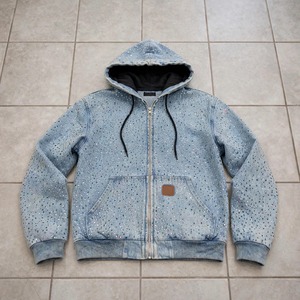 Custom Men's <b>Zip</b>-Up Denim Hoodie Vintage Acid Wash Rhinestone Crystal Streetwear Oversized Baggy Hoodie OEM Manufacturer - Product Image 2
